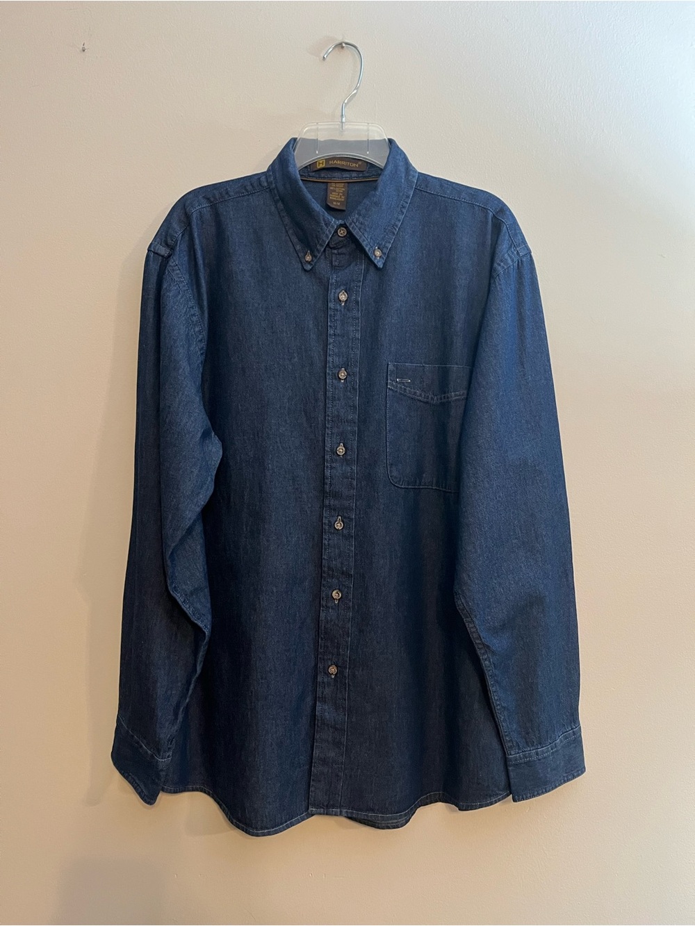 Vintage Harriton M550 Men's Denim Shirt Sz M Indigo Blue Button-Down 100% Cotton